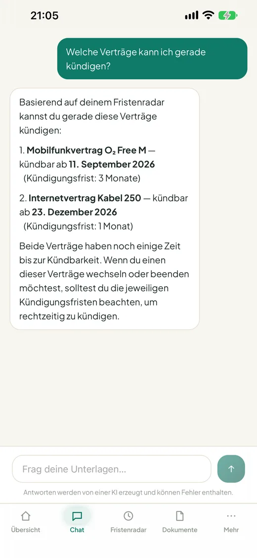 Chat mit einer Frage zu den eigenen Dokumenten und der Antwort von Paperglow