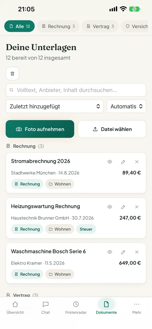 Dokumentenliste mit Kategorien, Anbietern und Beträgen